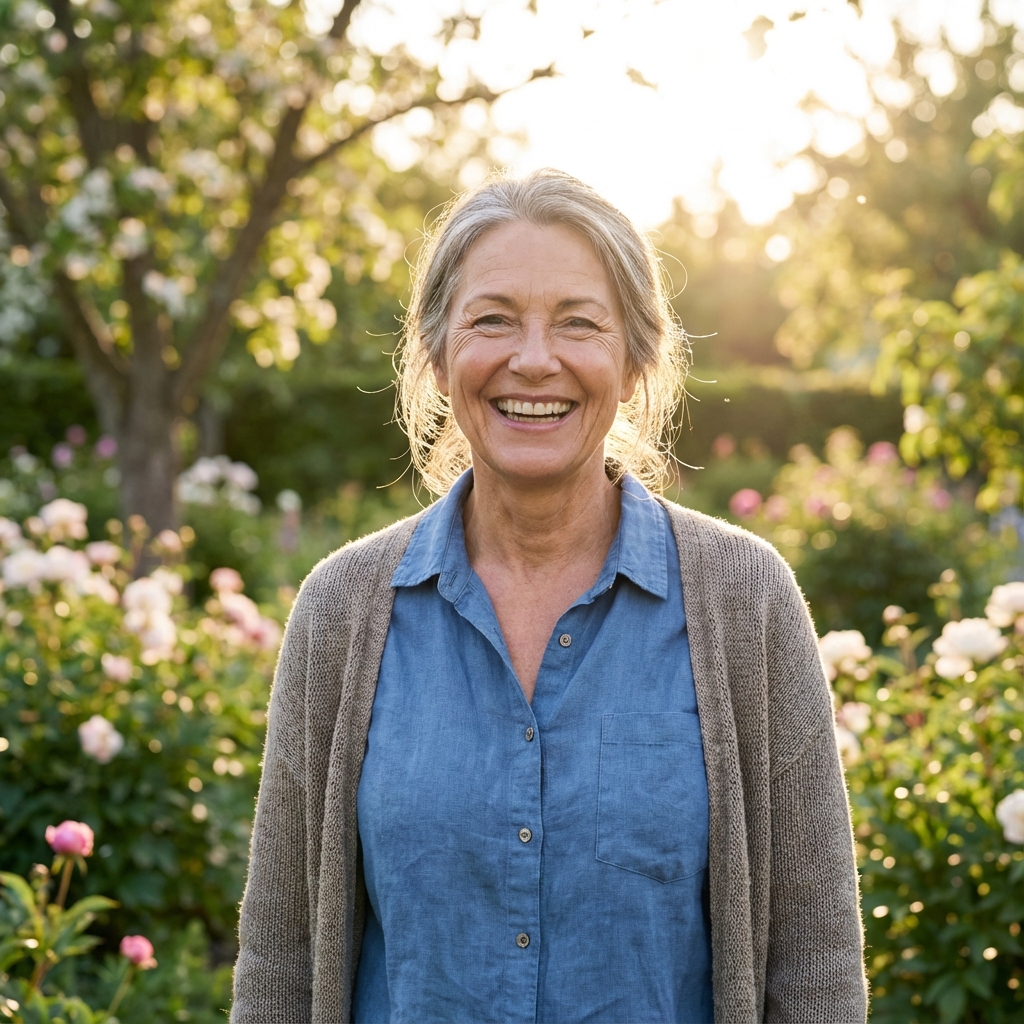 Senhora sorrindo ao ar livre